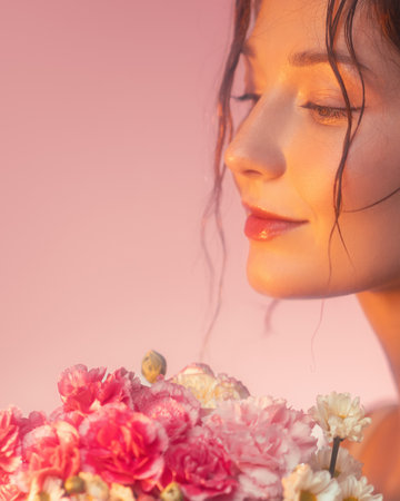 Romantic Woman Smelling Pink Flowers In Warm Sunset Light And Soft Glowの写真素材