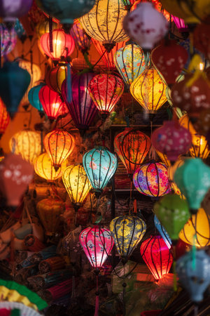 Colorful Vietnamese Paper Lanterns Hanging in Ancient Hoi An Marketの写真素材