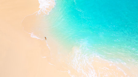 Solitary Woman Enjoying Calm Turquoise Waves On Soft Tropical Coastlineの写真素材