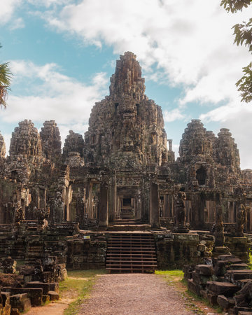 Front View Of Bayon Temple Ruins In Angkor Wat, Cambodiaの写真素材