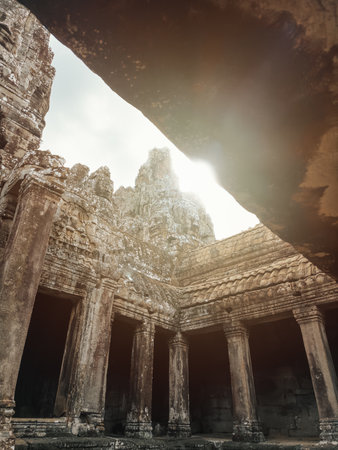Bayon Temple Courtyard And Columns At Sunrise, Angkor Thom, Cambodiaの写真素材