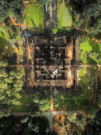 Aerial Top-Down View Of Bayon Temple Complex, Angkor Thom, Cambodiaの写真素材