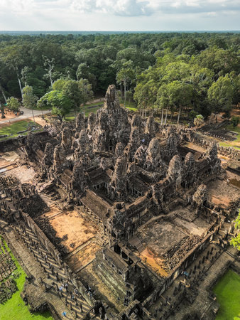 Drone Aerial Of Bayon Face Towers, Angkor Thom Temple Complex, Cambodiaの写真素材