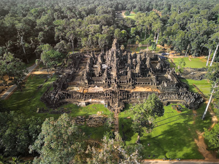 Aerial Drone View Of Bayon Temple, Angkor Thom, Cambodia UNESCO Siteの写真素材