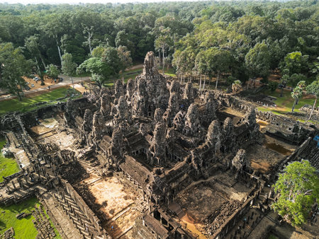 Aerial Drone View Of Bayon Temple Ruins, Angkor Thom, Cambodia UNESCOの写真素材