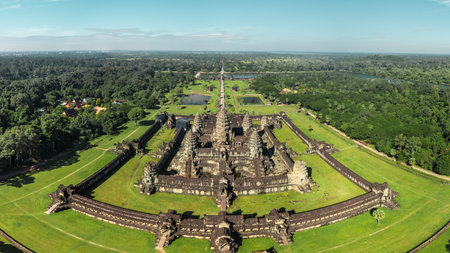 Ultra-Wide Aerial Panorama of Angkor Wat, Symmetric Khmer Temple, Cambodiaの写真素材