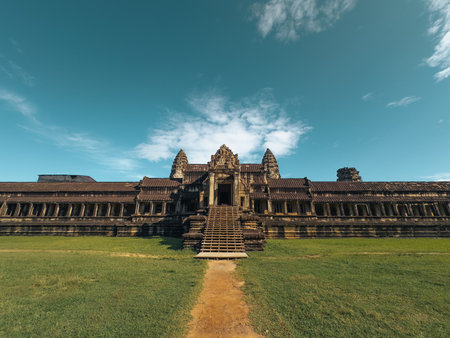 Angkor Wat Gallery And Staircase Under Blue Sky, Siem Reap, Cambodiaの写真素材