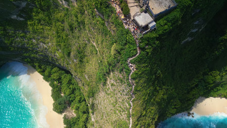 Drone View Of Kelingking Beach Cliff Trail, Nusa Penida, Bali, Indonesiaの写真素材