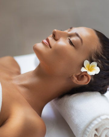 Young Woman Resting At Spa With Flower In Hair Wellness Lifestyle Conceptの写真素材