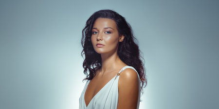 Sensual Portrait Of Elegant Woman In White Greek-Inspired Fashion Dressの写真素材