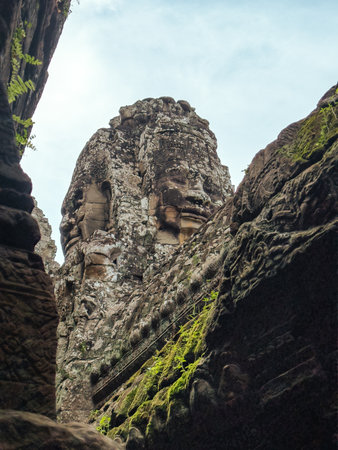 Bayon Face Tower Framed By Jungle Ruins, Angkor Thom, Cambodia UNESCOの写真素材