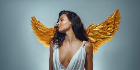 Fantasy Woman With Golden Wings and Butterfly on Lips in White Dress Poseの写真素材
