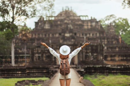 Baphuon Temple Traveler On Causeway, Angkor Thom, Cambodia Tourismの写真素材