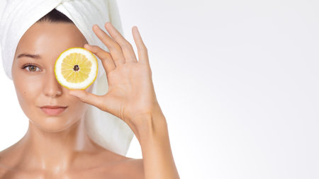Vitamin C Skincare Concept: Woman With Lemon Slice And Towel Turbanの写真素材