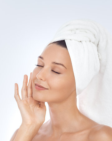 Spa Skincare Beauty Portrait Of Woman In White Towel Turbanの写真素材