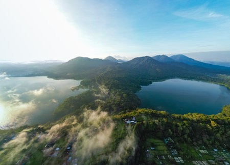 Aerial View Of Buyan And Tamblingan Lakes Inside Bali Bratan Volcanic Complexの写真素材