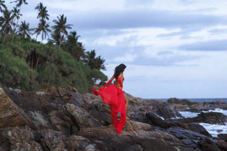 Elegant Woman in Red Dress on Coastal Rocks Looking at Ocean Horizonの写真素材