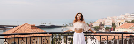 Sunset Town Viewpoint Woman Overlooking Sea And Rooftops, Phu Quocの写真素材