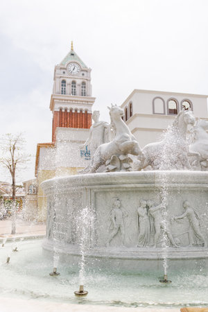 Fountain Horse And Clock Tower Splashing In Sunset Town, Phu Quoc