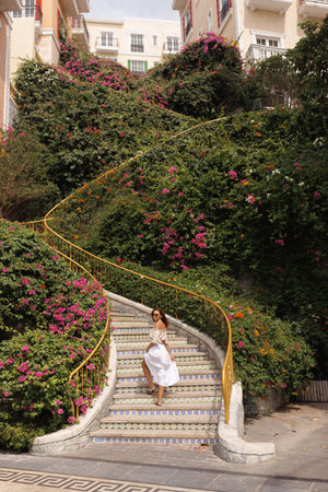 Dragon Staircase Sunset Town Phu Quoc Vietnam With Woman In White