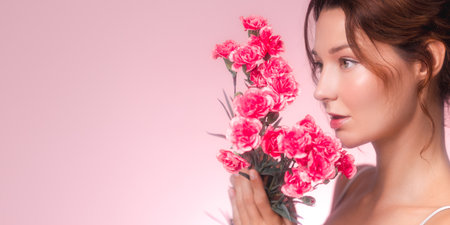 Beautiful Woman Holding Pink Carnations in Soft Romantic Lightingの写真素材