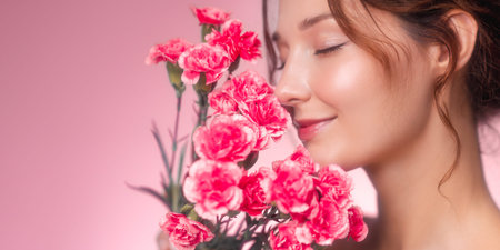Beautiful Woman Enjoying Pink Flowers on Soft Pastel Backgroundの写真素材