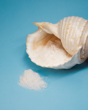 Sea Salt In Conch Shell Close Up On Blue Background With Copy Spaceの写真素材