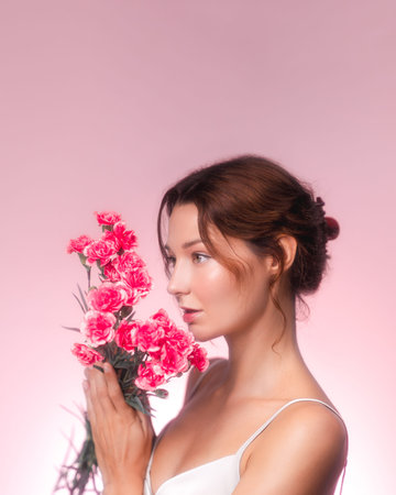 Elegant Woman Holding Pink Flowers on Soft Pastel Backgroundの写真素材
