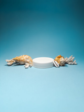Cosmetic Cream Jar Mockup With Seashells On Blue Background Copy Spaceの写真素材