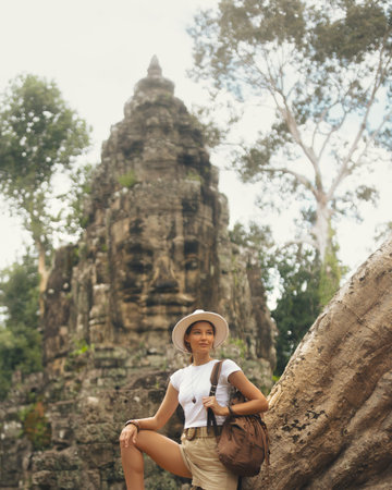Young Woman Model at Bayon Victory Gate, Angkor Thom Cambodia Adventure