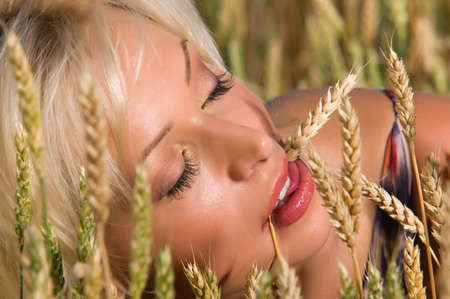 beautiful blonde sitting on a field of wheatの写真素材