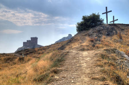 Tower of Genoa fortress in Sudak Crimea From the ground up on the hillのeditorial素材