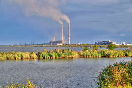 Solar Industrial landscape on the waterfrontの写真素材