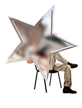 man sitting on a chair and holding a five-pointed star on a white background