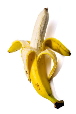 Open banana isolated on white backgroundの写真素材