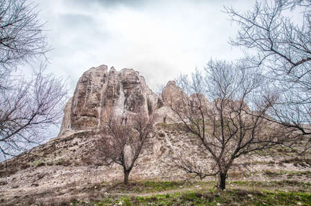 The rocky outcrop is located in the Upper Cretaceous in Constantinovskiy region Donetsk region near the Belokuzminovka village Ukraineの写真素材