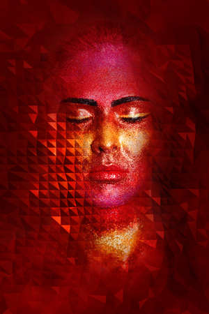 Glitter makeup on a beautiful woman face on a black background. Creative Contemporary Designの写真素材