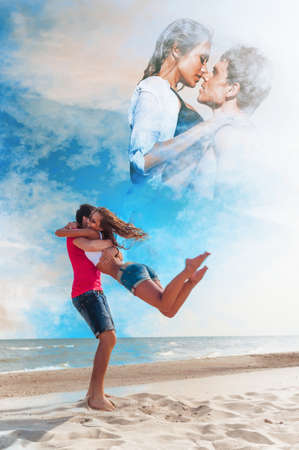 the guy holding the girlfriend on his backの写真素材