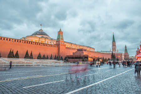 Night view of Moscow Red Square, Mausoleum of Lenin and Russian Government buildingのeditorial素材