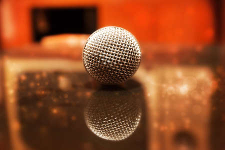 Close up of microphone in karaoke roomの写真素材