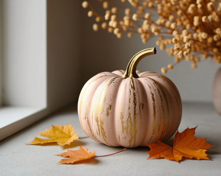 Autumn still life with pumpkins, dry leaves and dry flowers.の素材