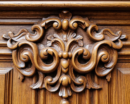 Wooden door with carved ornaments, closeup of photoの素材