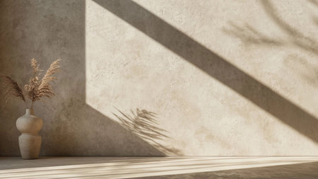 Interior room with vase plant shadow on concrete wallの素材