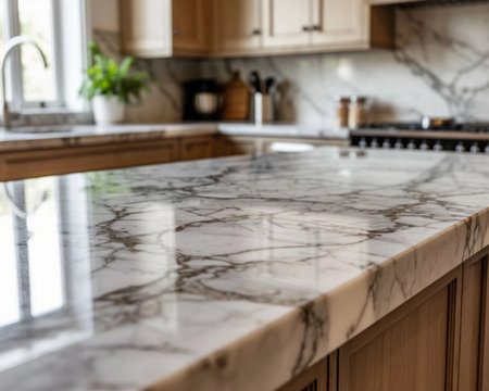 Close up of a marble countertop in a modern kitchen.の素材