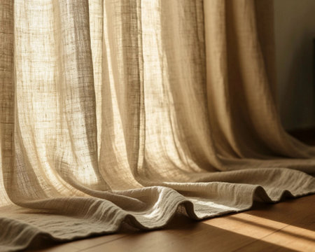 Curtains on a wooden floor in the sunlight. Selective focus.の素材