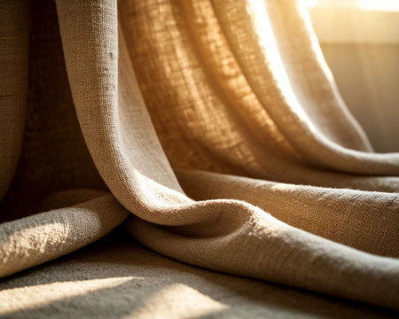 Curtains with sunlight in the morning. Selective focus.の素材