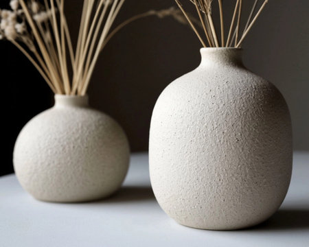 Two vases with dried flowers on a white background. Still life.の素材
