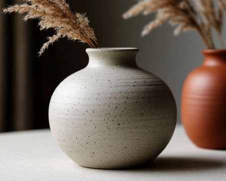 Ceramic vase with dry grass on the table, close upの素材