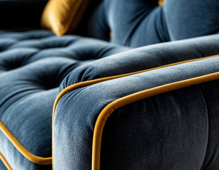Close-up of a sofa with yellow and blue cushions.の素材