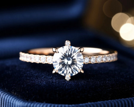 Jewelry diamond ring on blue velvet background with bokehの素材